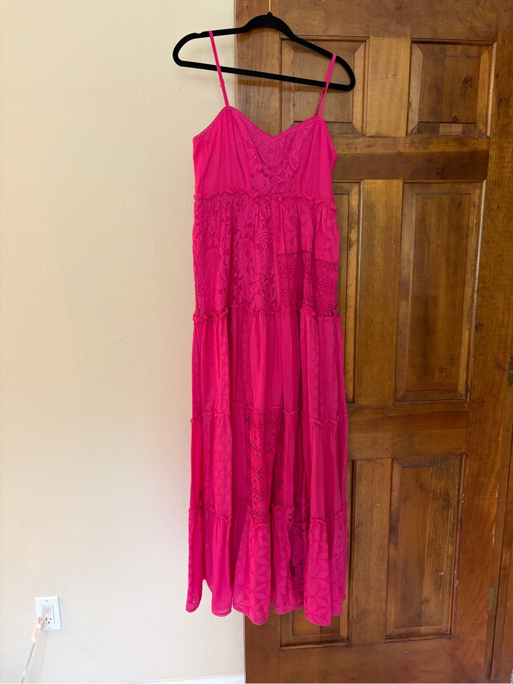 Spaghetti Strap Fuchsia Tiered Lace Maxi Dress